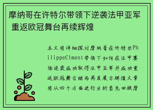 摩纳哥在许特尔带领下逆袭法甲亚军 重返欧冠舞台再续辉煌 摩纳哥在许特尔带领下逆袭法甲亚军 重返欧冠舞台再续辉煌