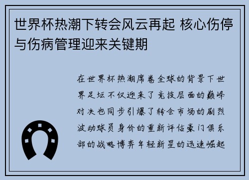 世界杯热潮下转会风云再起 核心伤停与伤病管理迎来关键期 世界杯热潮下转会风云再起 核心伤停与伤病管理迎来关键期